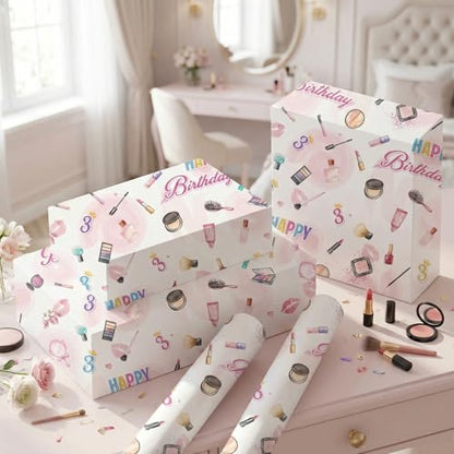 Liobelon Threenager Birthday Wrapping Paper Roll – 17" x 16.5 Ft Girl Gift Wrap with Watercolor Cosmetics & Lip Print Design, Teen Girl Party Supplies for 3rd Birthday, Daughter Sister Gift Wrap - color: Threenager
