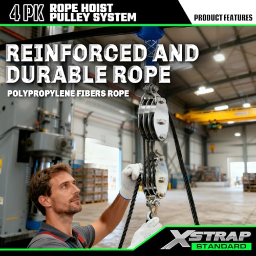 XSTRAP STANDARD Heavy-Duty 2,000 LB Breaking Strength 50 FT Rope Hoist | 1000Lbs work load, metal wheel bearing pulley for lifting heavy objects, includes 2 soft loops, heavy-duty rope hoist (Black) - color: 50ft Black Standard