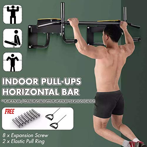 Power Tower,Wall Mounted Chin Up Pull Up Bar with 2 Resistance Band,Fitness Dip Stand Supports to 440 Lbs, Red