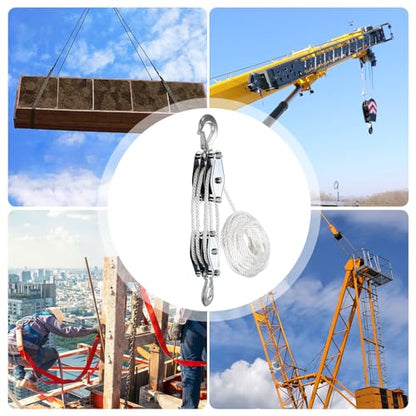 Rope Hoist Pulley System Multifunctional 2200 LBS Breaking Strength | 3/8 Rope for Lifting Hoisting Rigging Garage Shop Hunting Farm Construction Industrial Warehouse Marine Overhead Recovery - color: White