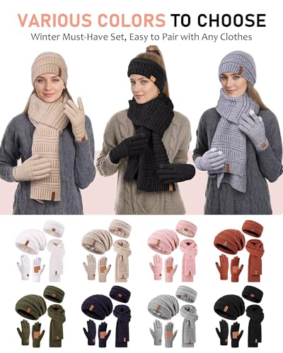 Womens Winter Beanie Hat Scarf Gloves Headband Set, Slouchy Beanie Ear Warmer Knit Scarf Touchscreen Gloves Warm 4 Gift Set - color: Dark Orange