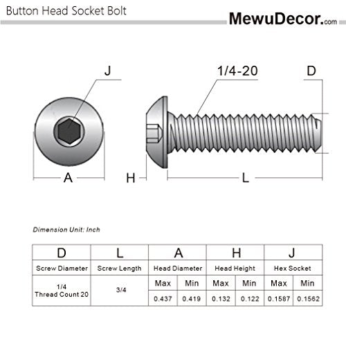 1/4-20 x 3/4" Button Head Socket Cap Screws, 50 PCS | Allen Socket Drive, Black Oxide, Grade 10.9 Alloy Steel, Fully Threaded - size: 1/4-20 x 3/4"