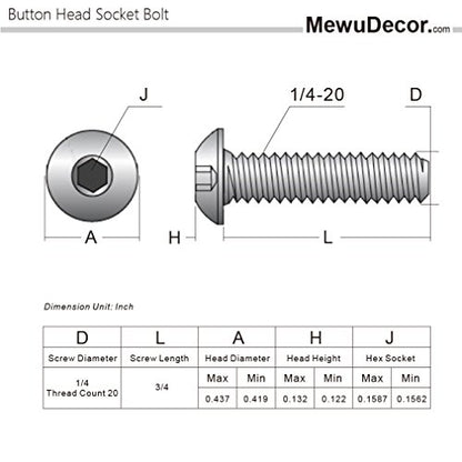 1/4-20 x 3/4" Button Head Socket Cap Screws, 50 PCS | Allen Socket Drive, Black Oxide, Grade 10.9 Alloy Steel, Fully Threaded - size: 1/4-20 x 3/4"