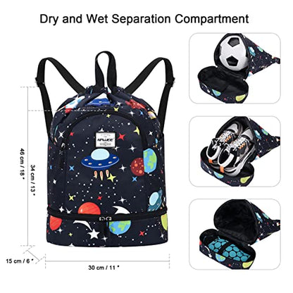 Dry Wet Drawstring Backpack with Shoe Compartment for Women Adjustable Gym Bag - color: Universe
