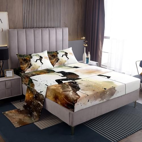 Erosebridal Rock Climber King Bed Sheets Set for Men Women, Watercolor Mountain Climbing Sheet Set for Adults, Rock Climbing Bouldering Sheets, Extreme Sports Theme Flat Fitted Sheet - color: White Grey, size: King