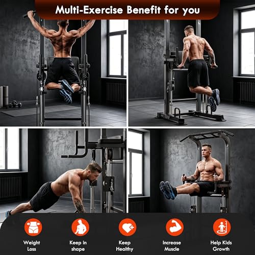 SogesPower Power Tower Multi-Function Pull Up Bar Station for Home Gym | 10-Level Height& 5-Level Armrest Adjustable,2-IN-1 Assisted Pad,Pull Up Dip Station Strength Training Workout Equipment - color: Black