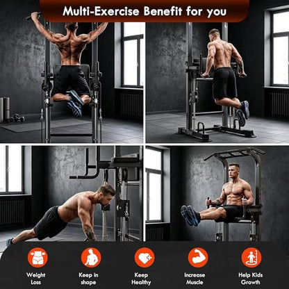 SogesPower Power Tower Multi-Function Pull Up Bar Station for Home Gym | 10-Level Height& 5-Level Armrest Adjustable,2-IN-1 Assisted Pad,Pull Up Dip Station Strength Training Workout Equipment - color: Black