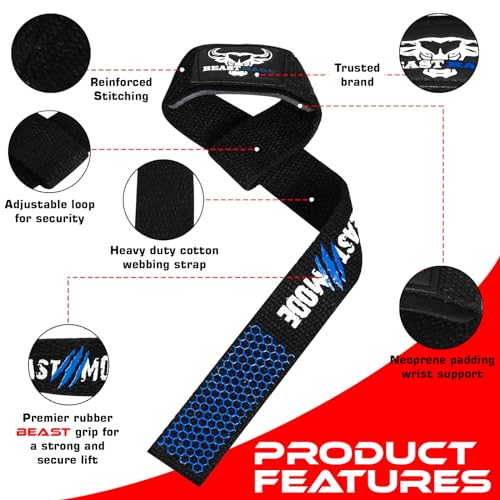 BEAST RAGE Lifting Wrist Straps for Weightlifting, Straps Gym Grip Power Workouts Lifting Straps Padded Neoprene & Premium Cotton Men Women, Deadlift Bodybuilding Exercise Lifting Straps - color: Blue Silicone