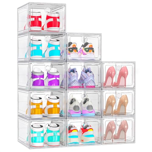 ARSTPEOE 12-Pack Shoe Storage Boxes Clear Magnetic Stackable | Upgraded Harder Material, Stackable Space-saving, Fits Sneakers & Boots, Clear Magnetic Front Door - color: White, size: Upgrade 12 Pack