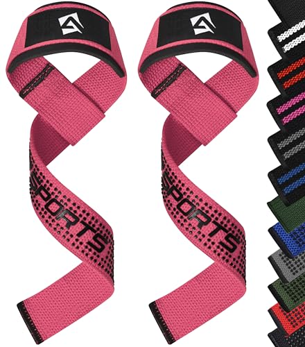 AQF Weight Lifting Straps, Padded Cotton Gym Wrist Straps for Deadlifts | 23" Extra-Long, Heavy-Duty Webbing, 5mm Neoprene Cushioning, Open-Loop Design, Sold as Pair, Ideal for Rows & Pull Workout - color: Pink Gel Grip