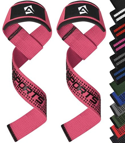 AQF Weight Lifting Straps, Padded Cotton Gym Wrist Straps for Deadlifts | 23" Extra-Long, Heavy-Duty Webbing, 5mm Neoprene Cushioning, Open-Loop Design, Sold as Pair, Ideal for Rows & Pull Workout - color: Pink Gel Grip