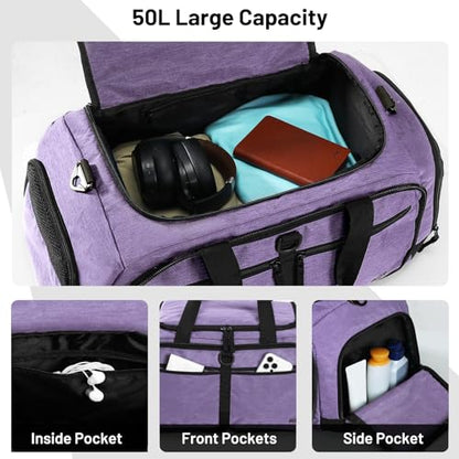 MIER Packable Travel Duffle Bag with Shoe Compartment, 50L, Purple | Foldable Weekender Duffel; Multi-Pockets; Adjustable Shoulder Strap; Luggage Sleeve; Travel, Sports, Camping, Gym - color: Purple, size: 50L