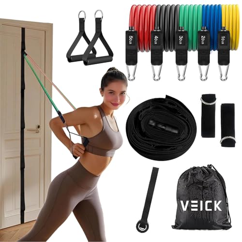 VEICK 10-150LBS Resistance Bands with Handles, Ankle Straps, Door Anchor | Accredited Lab Certified, 100% Natural Latex, Versatile for Yoga, Pilates, Strength, Home Gym - color: Colorful, style: 10-150LBS + Door Anchor Strap