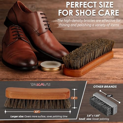 TAKAVU Shoe Brush 100% Genuine Horse Hair, Won't Scratch Leather (1 Piece) | Horsehair Shoe Shine, Buff & Polish Brush for Boots, Dress Shoes, Bags, Belts & Furniture, Concave Wood Handle - size: 1pc