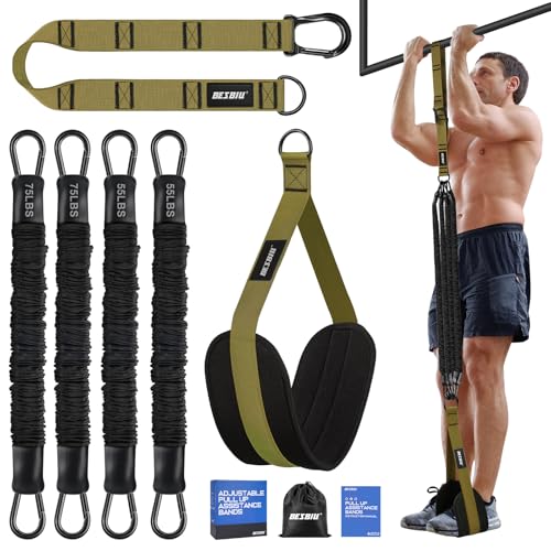 Pull Up Assistance Bands 260lbs, Heavy Pull Up Bands Resistance Bands for Pull Ups Working Out with Feet Rest, Pull Up Bar Bands Assistance Bands Strength Training Workout Equipment, Height Adjustable - color: army green
