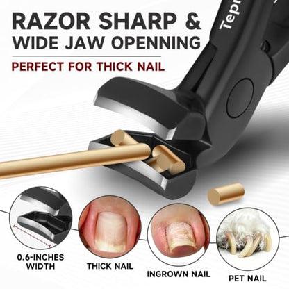 Ergonomic Long Handle Toenail Clippers for Seniors, 4.75 Inches Angled Head Curve Wide Jaw Opening Nail Clippers for Thick Nails with Meta and Glass Nail File, Fingernail Cutter with Catcher, 3Pcs