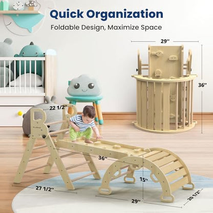 BlueWood Pikler Triangle Set with Safe Handle, Climbing Toys for 1-3 Year | Foldable 7-in-1 Montessori Toddler Climbing Toys Indoor, Wooden Pickler Climbing Set, Baby Jungle Gym & Playground, Natural - color: Natural Wood