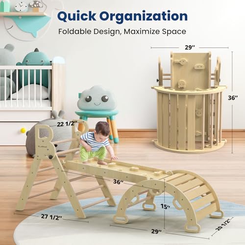 Pikler Triangle Set with Safe Handle, Climbing Toys for 1-3 Year | Foldable 7-in-1 Montessori Toddler Climbing Toys Indoor, Wooden Pickler Climbing Set, Baby Jungle Gym & Playground, Natural - color: Natural Wood