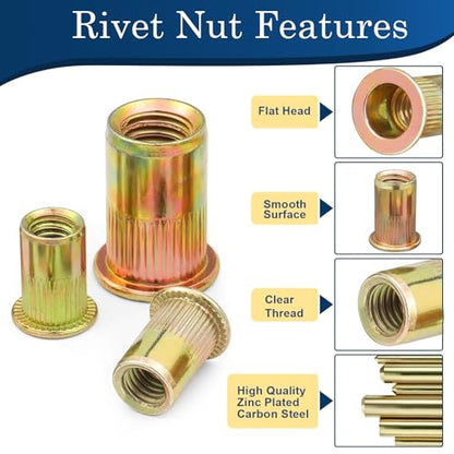 3/8''-16 UNC Rivet Nut, 50Pcs Zinc Plated Finish Carbon Steel Flat Head Threaded Insert Nutsert Kit - color: Yellow, size: SAE 3/8"-16 - 50 Pcs