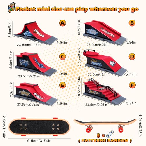 Finger Skateboard Ramps Set, 6 in 1 Fingerboard Skatepark Deck for Training Skate Park Kit with 6 Skateboards, 6 Fingerboard Ramps & Display Holder, Mini Finger Accessories Set Girls Boys Gifts