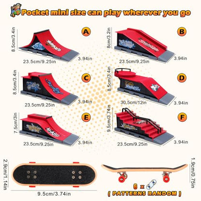 Finger Skateboard Ramps Set, 6 in 1 Fingerboard Skatepark Deck for Training Skate Park Kit with 6 Skateboards, 6 Fingerboard Ramps & Display Holder, Mini Finger Accessories Set Girls Boys Gifts