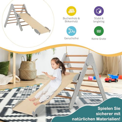 COSTWAY Climbing Triangle with Slide, Indoor Climbing Frame from 1 Year, Rung Triangle Climbing Ramp Made of Wood, for Climbing & Sliding (Grey)
