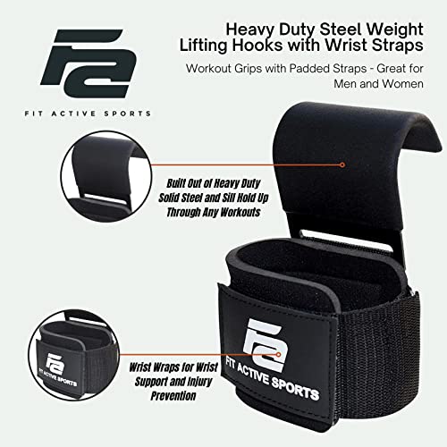 Fit Active Sports Heavy Duty Steel Weight Lifting Hooks with Wrist Straps - for Gym Barbell Deadlift Power Lifting Workouts - Workout Grips with Padded Straps - Great for Men and Women