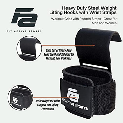 Fit Active Sports Heavy Duty Steel Weight Lifting Hooks with Wrist Straps - for Gym Barbell Deadlift Power Lifting Workouts - Workout Grips with Padded Straps - Great for Men and Women