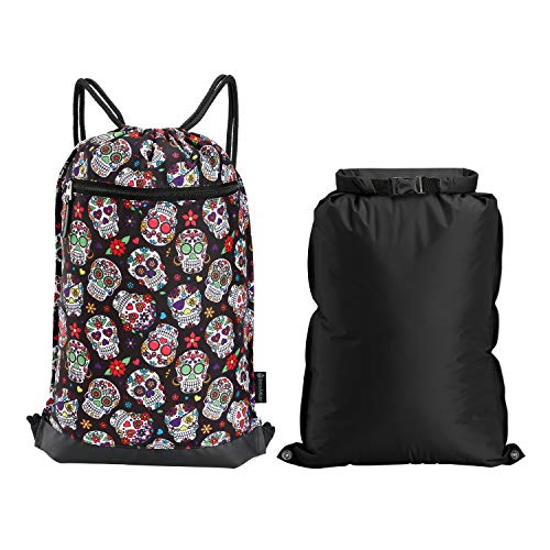 Skog Å Kust GymSak | Patented 2-in-1 Drawstring Cinch Bag with Removable Waterproof Dry Bag | Sugar Skulls - color: Sugar Skulls