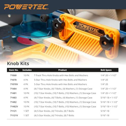 POWERTEC 71070 T Track Knob Kit w/ 5 Star Knob, 1/4-20 Threaded Bolts and Washers, 12 Piece Set, T Track Bolts, T Track Accessories for Woodworking Jigs and Fixtures - size: 1/4-20 threaded, 12 Piece Set, style: Knob Kits