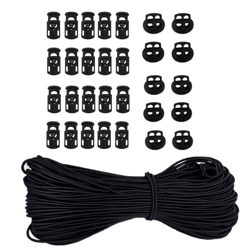 30pcs Plastic Cord Locks with 1/8-Inch 50ft Elastic Cord Heavy Stretch Round String, 10Pcs Sing-Hole, 10pcs Double-Hole Spring Toggle Stopper Slider (3mm-Black)