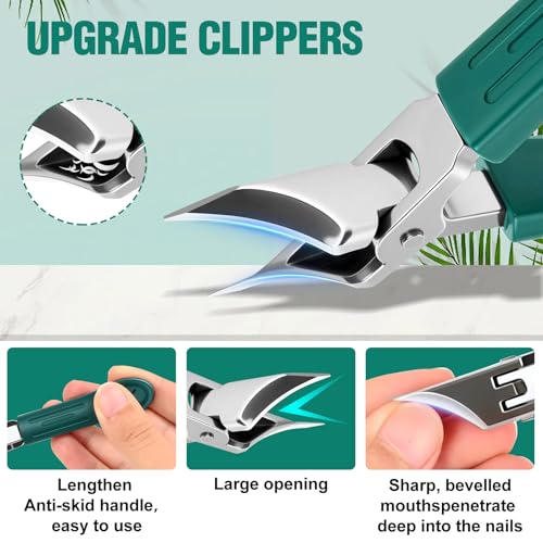 Upgraded Eagle Beak Beveled Nail Clippers, Long Handle Wide Jaw Slanted Nail Clipper, Eagle Beak Angled Edge Nail Clippers 3-Piece Set, Wide Jaw Opening Anti-Splash Nail Clipper for Men Women(Green)