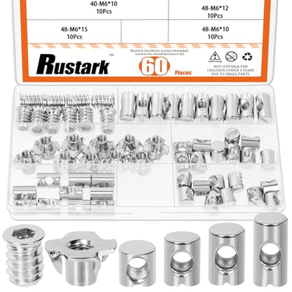 60Pcs M6 Nickle Barrel Nuts Four-jaw Tee Nuts and Threaded Insert Assortment Kit Metric Cross Dowels Slotted Nut T Nut Wood Inserts Bolt for Wood Furniture Beds Crib Chairs - style: 60pcs nickle plated nuts assortment kit