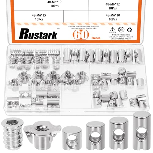 60Pcs M6 Nickle Barrel Nuts Four-jaw Tee Nuts and Threaded Insert Assortment Kit Metric Cross Dowels Slotted Nut T Nut Wood Inserts Bolt for Wood Furniture Beds Crib Chairs - style: 60pcs nickle plated nuts assortment kit