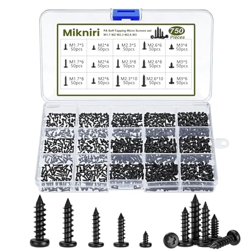 750 Pcs Small Self Tapping Screws for Plastic and Metal, M1.7-M3 Phillips Pan Head Small Screws,Black Carbon Steel Micro Electronic Screws Assortment Kit - color: Black