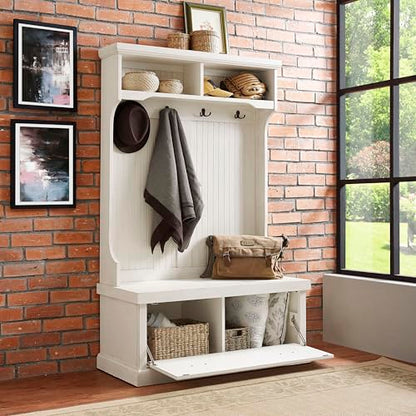 Crosley Furniture Seaside Hall Tree with Shoe Rack Bench and Coat Hooks for Hanging Storage, Distressed White - color: Distressed White, style: Hall Tree