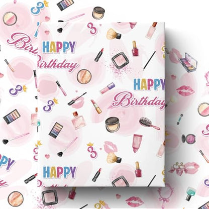 Liobelon Threenager Birthday Wrapping Paper Roll – 17" x 16.5 Ft Girl Gift Wrap with Watercolor Cosmetics & Lip Print Design, Teen Girl Party Supplies for 3rd Birthday, Daughter Sister Gift Wrap - color: Threenager