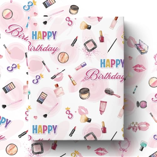 Liobelon Threenager Birthday Wrapping Paper Roll – 17" x 16.5 Ft Girl Gift Wrap with Watercolor Cosmetics & Lip Print Design, Teen Girl Party Supplies for 3rd Birthday, Daughter Sister Gift Wrap - color: Threenager