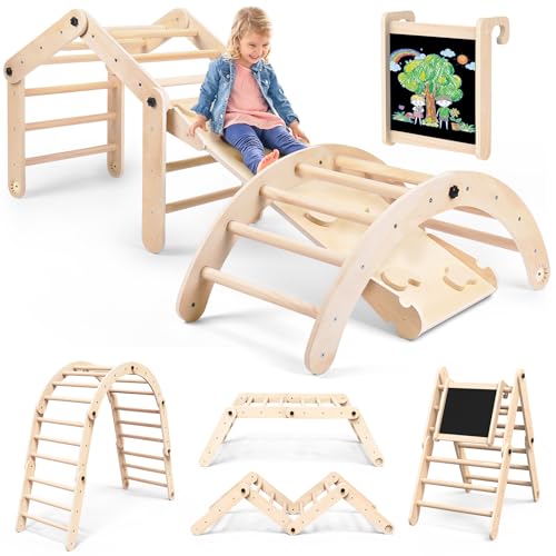 Norbee 7-in-1 Deformable Pikler Triangle Set with Sliding Ramp & Climbing Arch Ramp, Wooden Toddler Climbing Toys Indoor, Playground Jungle Gym for Kids, Montessori Climbing Set for Toddlers - color: Original, size: 7-piece Set