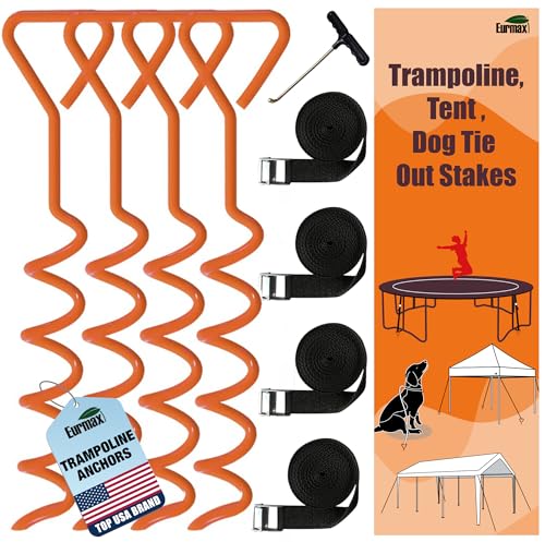 EURMAX USA 4-Pack Windproof Trampoline Stakes Anchor Kit-Steel Corkscrew Anchor,Heavy Duty Tie Down Kit with T-Hook&Reinforced Safety Straps,Secure Weatherproof Protection for Trampoline,Tent&Playset - color: Orange, style: Triangle Head