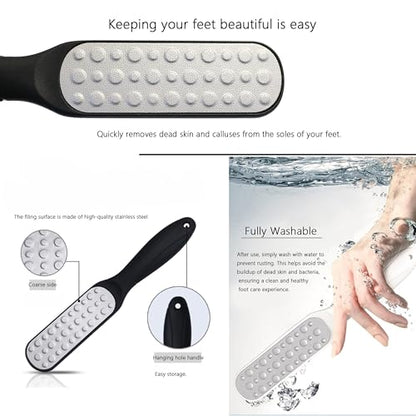 Dual-Sided Professional Pedicure Foot File - Stainless Steel Callus Remover for Hard Skin, Dry and Wet Use, Home or Salon Care, 2 Pack (White & Black) - color: White & Black