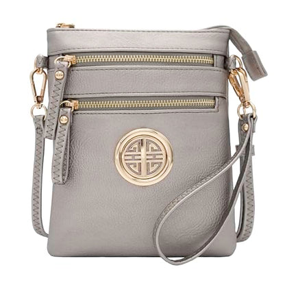 Solene Small Multi Zipper Pockets Crossbody Bag with Detachable Wristlet - color: Light Pewter