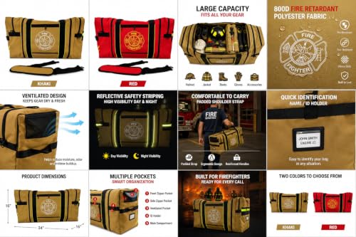 Firefighter Turnout Gear Bag – Heavy Duty Fire Resistant Equipment Duffel with Ventilation Pocket, Reflective Striping, Name Holder & Padded Shoulder Strap – Fireman Gear Bag (Khaki)