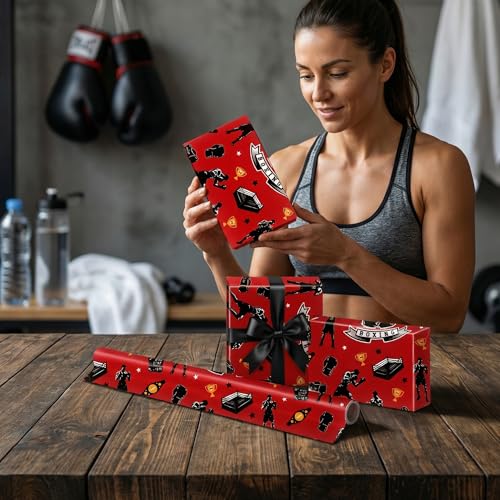 Liobelon Boxing Wrapping Paper Roll, Sports Gift Wrap with Boxing Gloves, Punching Bag, Champion Belt & Boxer Design – for Birthday, Father’s Day, Fight Fan Presents, 17 Inch X 16.4 Feet - color: Boxing