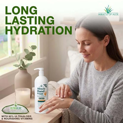 Miracle Hand Repair Cream For Dry Cracked Hands, 32 Oz, 60% Aloe Vera | Non Greasy Fast Absorbing Hand Lotion, Moisturizer For Working Hands, Extremely Dry Rough Skin, Elbows & Knees, Men & Women - size: 32 Ounce (Pack of 1)