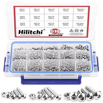 Hilitchi 510pcs M3 M4 M5 Stainless Steel Button Head Hex Socket Head Cap Bolts Screws Nuts Assortment Kit - 304 Stainless Steel (Button Head) - style: Button Head