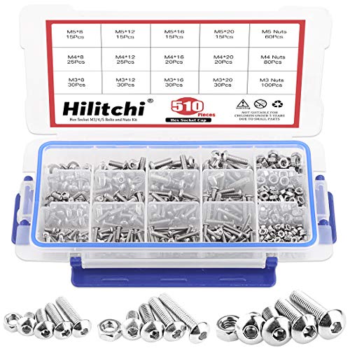 Hilitchi 510pcs M3 M4 M5 Stainless Steel Button Head Hex Socket Head Cap Bolts Screws Nuts Assortment Kit - 304 Stainless Steel (Button Head) - style: Button Head