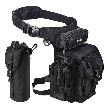 Jueachy Drop Leg Bag for Men Tactical Metal Detecting Thigh Pack with Water Bottle Pouch - color: Black