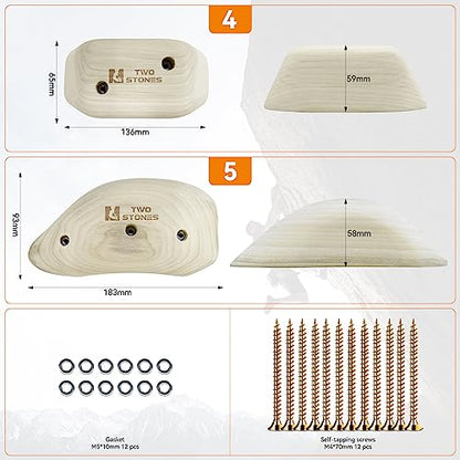 TWO STONES Wooden Rock Climbing Holds for Adults | Wood Rock Wall Climbing Holds | Variety Screw On Climbing Hold Grips Set with Mounting Hardware (HD5in1-B)