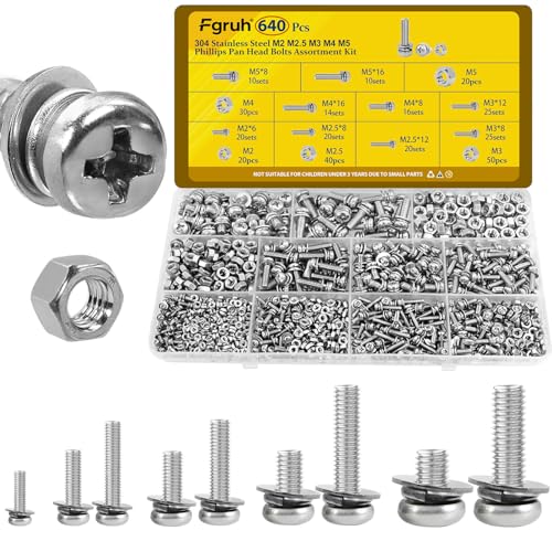 640PCS Machine Screws Assortment Kit, M2 M2.5 M3 M4 M5 Phillips Pan Head Bolts and Nuts Assorted Set, 304 Stainless Steel Metric Combination Screw with Fixed Washers (All-in-One Design) - size: SS M2M2.5M3M4M5 640pcs